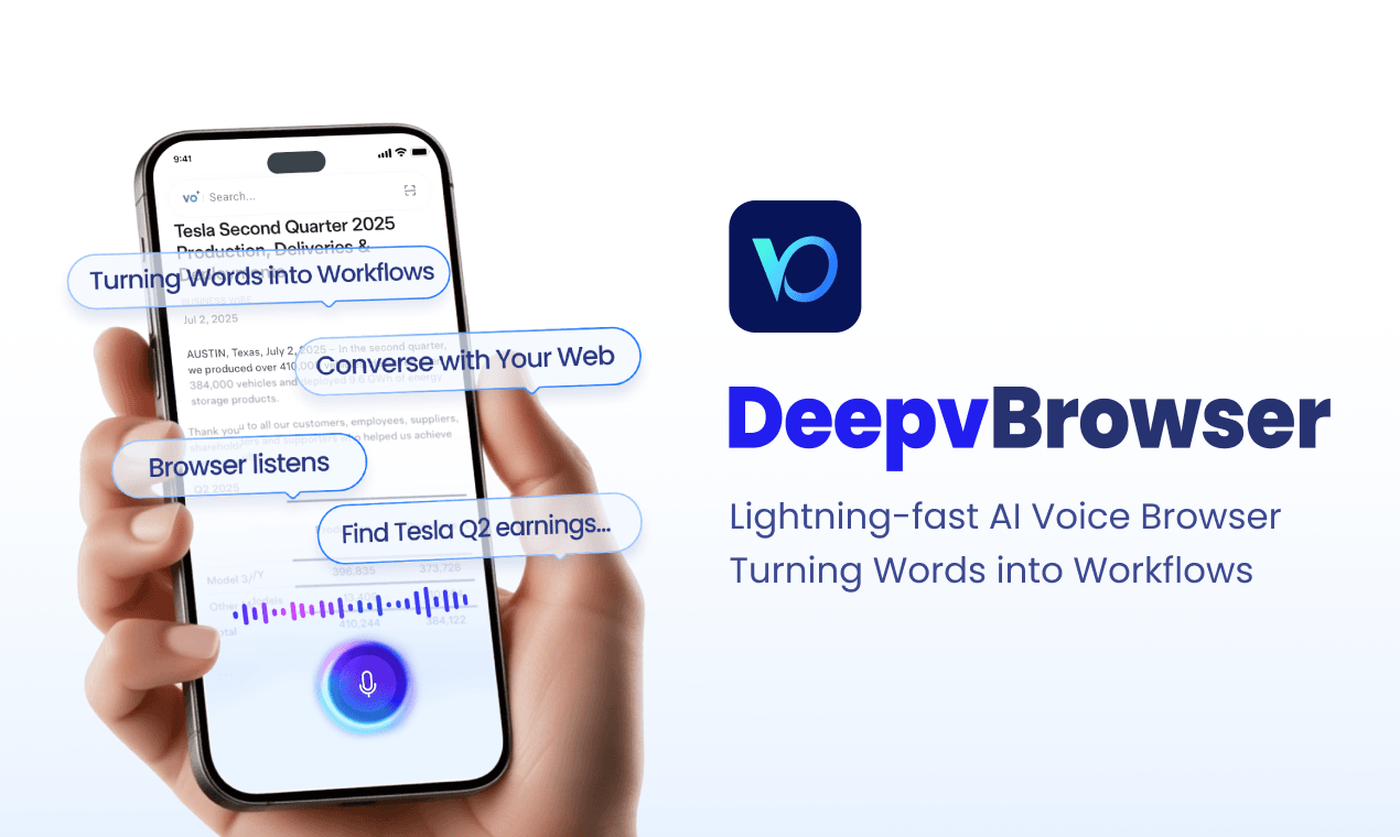 DeepvBrowser voice-native browser interface showing AI-powered features and voice control dashboard